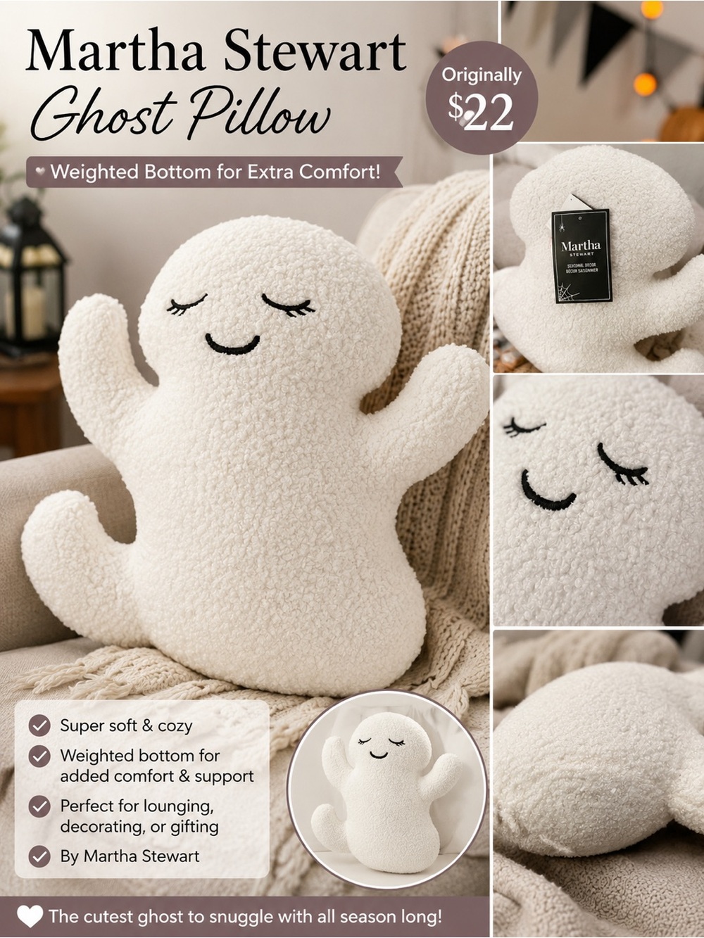 Martha Stewart Cream Plush Ghost Pillow - Cozy Decorative Accent